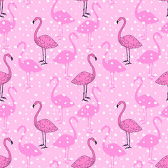 Obraz premium Pink flamingo bird vector seamless pattern design. Beautiful animal hand drawn sketch repeatable background
