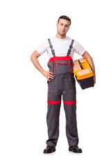 Young man with toolkit toolbox isolated on white