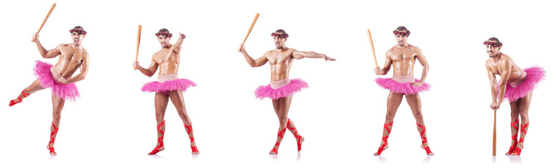 Man wearing ballet tutu isolated on white