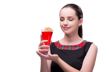 Woman with red cocktail isolated on white