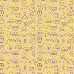 ハロウィン　パターン　壁紙　背景 線画イラスト ベージュ
