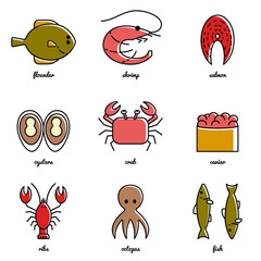 Line art Sea food icon set. Infographic elements