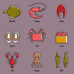 Line art Sea food icon set. Infographic elements