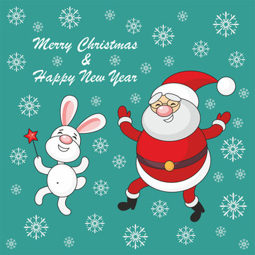 Greeting card merry Christmas and New Year with Santa Claus's image and cheerful animals.