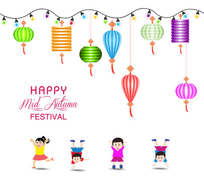 Mid Autumn Festival vector background with lantern and happy kids playing
