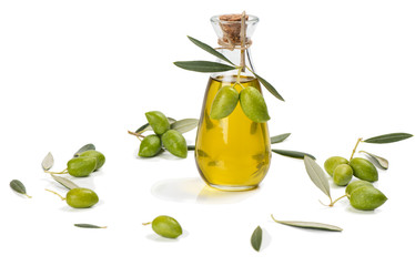 Olive oil and raw olives.