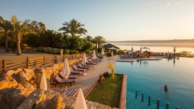 Dead Sea Time Lapse Resort v1 Sunset of Dead Sea and resort.