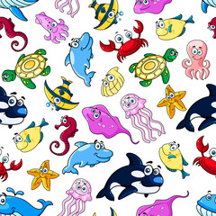 Obraz premium Cartoon cute sea animals. Funny kids wallpaper