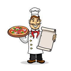 Pizzeria icon. Chef wih Menu card and pizza