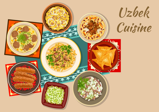 Uzbek cuisine dinner with asian dishes icon