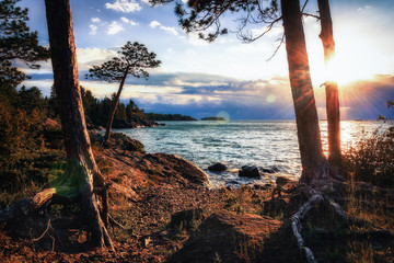 Lake Superior Sunset. Framed Natural Beauty with Glowing Copy Space.