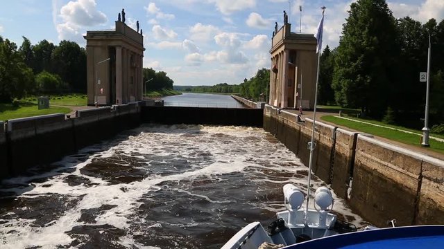 Gateway is filled with water. Gateway of the Moscow Canal (Moscow-Volga Canal) 
