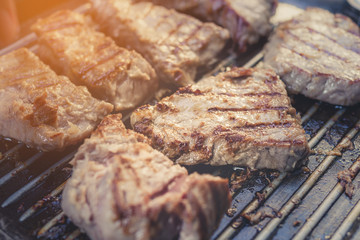 Grilled Black Angus Steak on grill iron pan. with filter