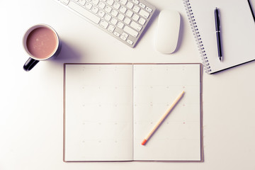 Office desk from top view with space