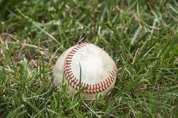 Used weathered grunge baseball ball on green grass background