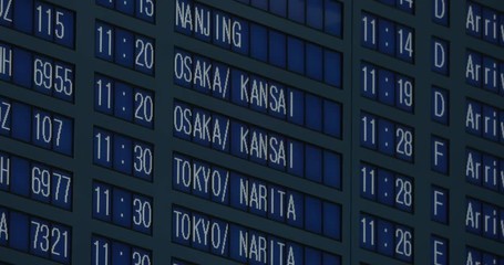 Flight schedule at the airport displayed in Korean, English and Japanese languages