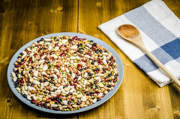 legumes on wood, close up, background.