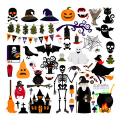 Halloween fashion flat icons isolated on white background. Halloween vector characters. Pumpkin and black cat, ghost and witch