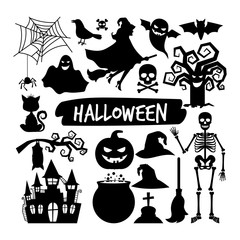 Halloween black silhouettes. Happy halloween vector night icons, bat and skeleton, owl and ghost