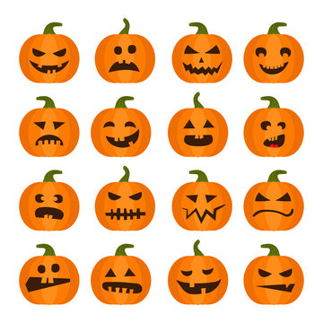 Vector halloweens pumpkin set illustration icons isolated on white background. Halloween holiday facial expressions spooky food