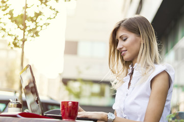 Young attractive business woman sitting in a cafe with a laptop and coffee