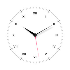 White clock face for with black and red pointer. Roman numerals