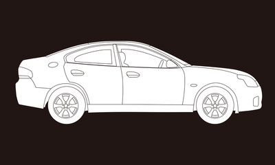 Generic four door sedan car side view, line drawing illustration