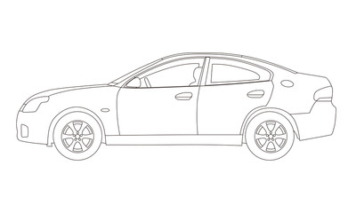 Generic four door sedan car side view, line drawing illustration