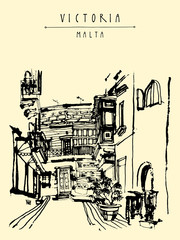 Little alley in Victoria, Gozo island, Malta, Europe. Vintage hand-drawn touristic postcard or poster template, book illustration