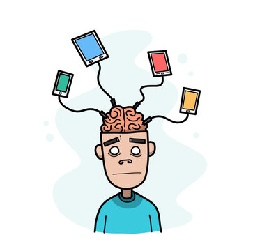 Enslaved by Technology. A hand drawn vector cartoon illustration of a guy who's addicted and enslaved by his own smartphones and tablet.