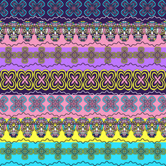 Multicolor seamless pattern. Boho strips decorated skull element. tribal texture