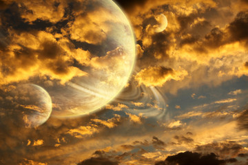 Panele Szklane  Piękny zachód słońca z burzowym niebem i planetami