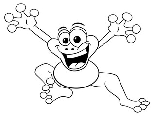 hüpfender Cartoon Frosch in schwarz weiß 