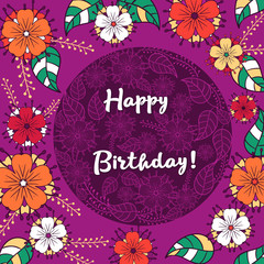 Template greeting card. happy Birthday,  made of flowers ,herbs, leaves  Doodle.