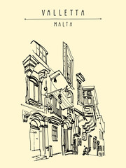 Valletta, Malta, Europe. Pedestrian street in old town. Nice historical buildings. Travel sketch drawing. Poster, postcard template, book illustration