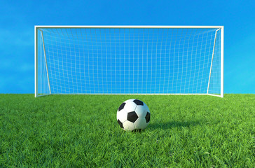 Soccer ball on green grass, Football Goal and ball. 3D illustration