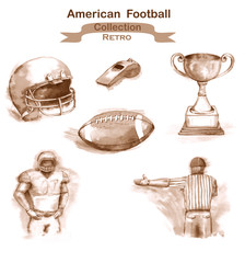 Hand-drawn watercolor illustration - American Football collection. Isolated drawing of the ball, whistle, soccer referee, football player, helmet and goblet in the retro style