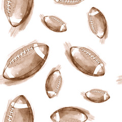 Hand-drawn watercolor seamless pattern with American football balls. Repeated background in retro style. Sport pattern - 119965741