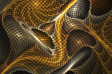 Abstract psychedelic multicolored waves on black background. Computer-generated fractal in orange, yellow, brown, grey and white colors.