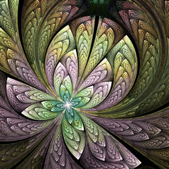 Abstract floral ornament on black background. Computer-generated fractal in green, rose and beige colors.