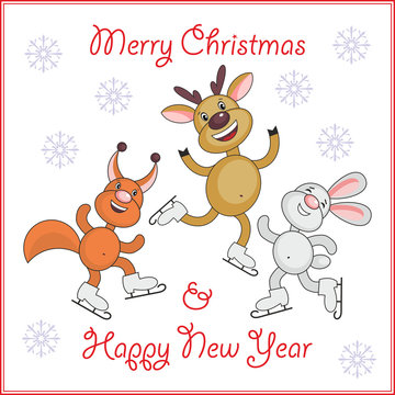 Greeting card merry Christmas and New Year  with the image of funny animals