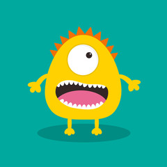 Yellow monster with one eye, teeth, tongue. Funny Cute cartoon character. Baby collection. Happy Halloween card. Flat design. Green background.