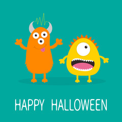Happy Halloween greeting card. Yellow and orange monster with one eye, teeth, tongue. Funny Cute cartoon character. Baby collection. Flat design. Green background.