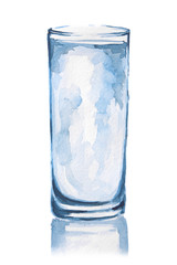 Watercolor water glass. Full glass of fresh and pure beverage. Water is life. Healthy lifestyle. 8 water glasses per day.