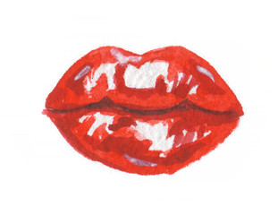 Isolated watercolor lips. Sexy and glamour red lips. Make up and fashion. Closed.