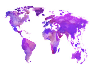Watercolor world map. Beautiful map with lands and islands. Watercolor illustration for decoration. Purple map.