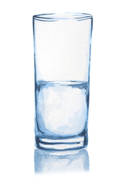 Watercolor water glass. Isolated half full half empty glass with fresh and pure water. Healthy beverage. Optimism or pessimism.