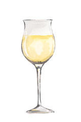 Watercolor white wine glass. Beautiful and elegant glass with alcoholic beverage. Art for menu decoration.
