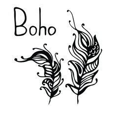 Hand drawn feathers. ink vector illustration. boho style design elements. ethnic creative doodles. isolated on white background