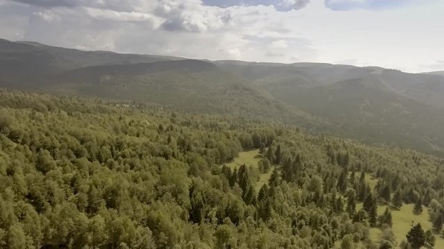 flying over mountains covered by green pine forests in a cloudy day
